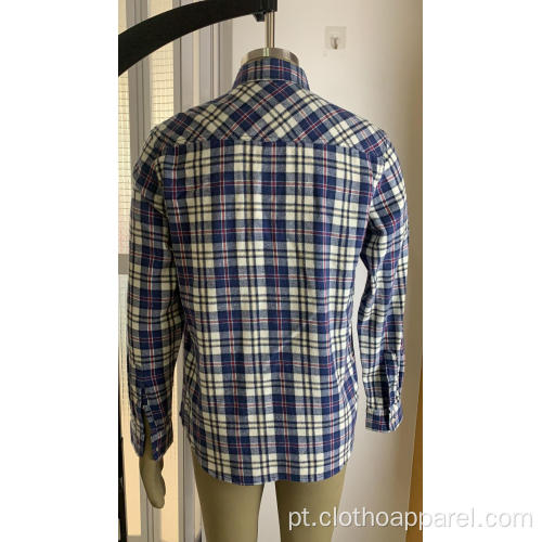 Camisa xadrez de algodão de bolso único masculino